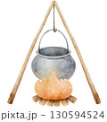 Watercolor Illustration of Campfire Cooking Pot 130594524