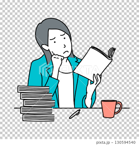 圖庫插圖: 一個女人在讀書，擔心一堆文件和一杯咖啡 130594540