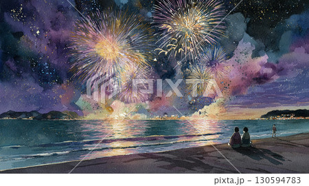 静かな海辺と花火_水彩画風4 130594783