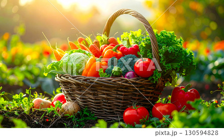 Rustic basket full of organic vegetables for healthy living 130594828