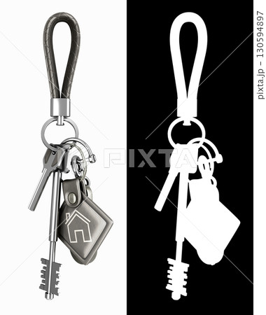 3D Render of Keychain with Keys in Detailed and Silhouette Views 130594897