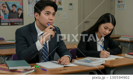 ビジネス研修で学ぶ男女のイメージ｜スーツ姿で勉強する社会人 130594902