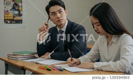 ビジネス研修で学ぶ男女のイメージ｜スーツ姿で勉強する社会人 130594903