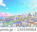 住宅街　CG 　パステルカラー　海の見える街　背景 　ポップ 130594964