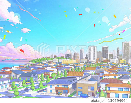 住宅街 CG  パステルカラー 海の見える街 背景  ポップ 住宅街 CG  パステルカラー 海の見える街 背景  ポップ 130594964