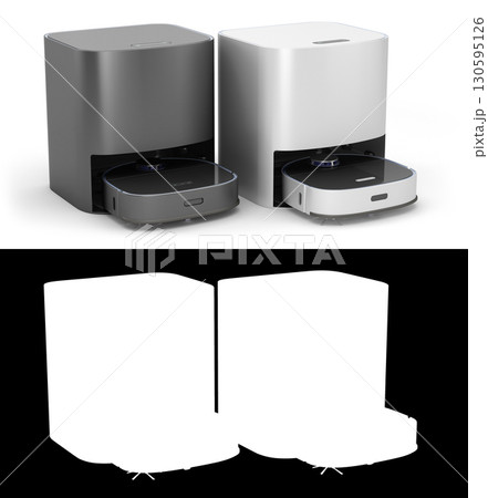 Modern Robotic Vacuum Cleaner 3D Render in Black and White Variants on white with alpha 130595126