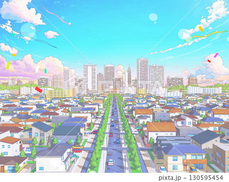 住宅街 CG パステルカラー 都市 街並み 背景 ポップ 住宅街 CG パステルカラー 都市 街並み 背景 ポップ 130595454