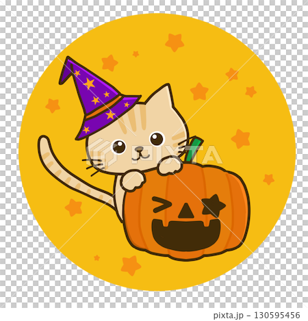 Brown tabby cat and Halloween pumpkin Brown tabby cat and Halloween pumpkin 130595456