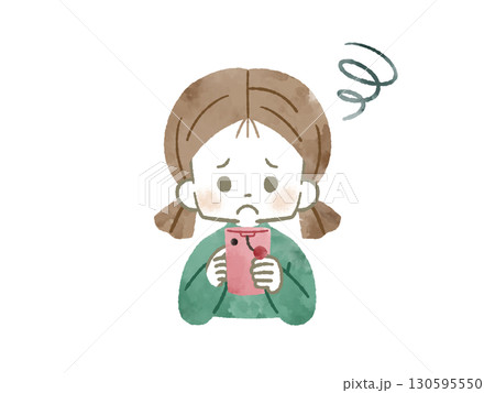 困った表情でスマートフォンを使っている女の子-水彩 130595550