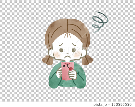 困った表情でスマートフォンを使っている女の子-水彩 130595550