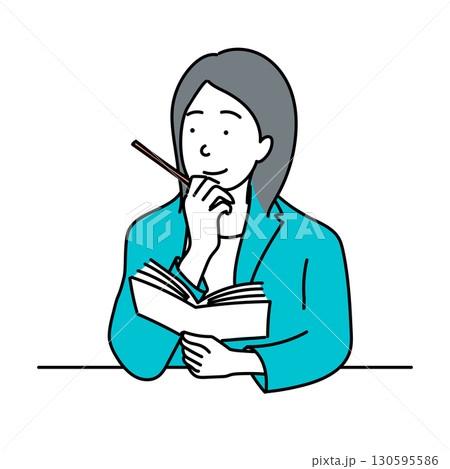 イラスト素材: 本を読みながら考える女性とペンを持つ姿 130595586
