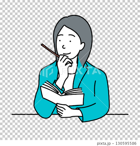 イラスト素材: 本を読みながら考える女性とペンを持つ姿 130595586