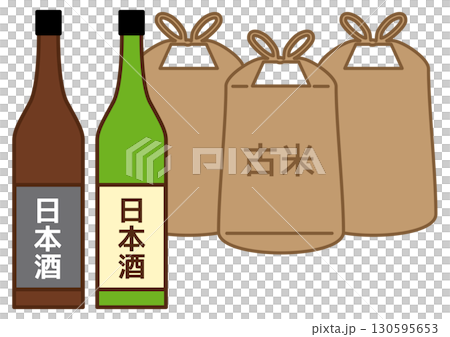 A bottle of sake and a bag of old rice A bottle of sake and a bag of old rice 130595653
