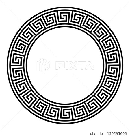 Circle frame with seamless meander pattern, a decorative border with repeated Greek key motif, constructed from continuous lines, shaped into a repeated motif. Isolated, black and white illustration. 130595696