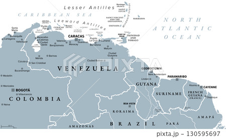 Venezuela and The Guianas, gray political map. Geographical region in north-eastern South America, consisting of the country Venezuela and The Guianas, which is Guyana, Suriname, and French Guiana. 130595697