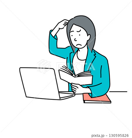 イラスト素材: 本を読みながら悩む女性とノートパソコン イラスト素材: 本を読みながら悩む女性とノートパソコン 130595826