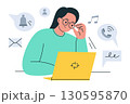 Flat cartoon vector illustration of woman focused on laptop work, ignoring notifications, phone calls and messages. Concept of concentration, productivity, focus, efficiency, workplace and study 130595870