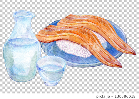 Watercolor illustration, hand-drawn illustration, conger eel sushi and cold sake 130596019