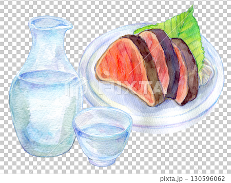 水彩イラスト　手描きイラスト　鰹のタタキと冷酒 130596062