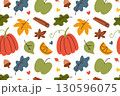 Autumn pattern with colorful leaves, pumpkin, apple, acorns, berries and spices. Flat cartoon vector illustration for seasonal design, harvest, fall holidays, Thanksgiving, decoration and packaging 130596075