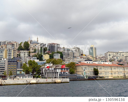 Panoramic view of Istanbul with mosque on hill. Religion, architecture, and urban lifestyle in Turkish cityscape. Panoramic view of Istanbul with mosque on hill. Religion, architecture, and urban lifestyle in Turkish cityscape. 130596138