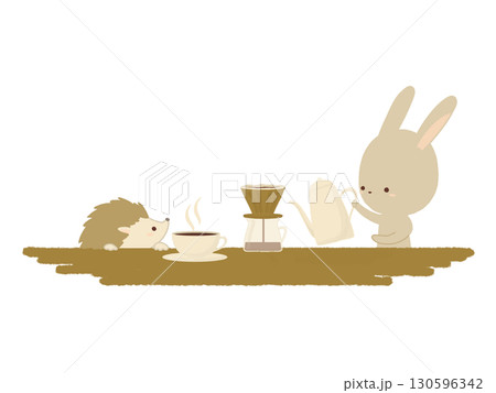 コーヒーの準備をするウサギとハリネズミのイラスト 130596342