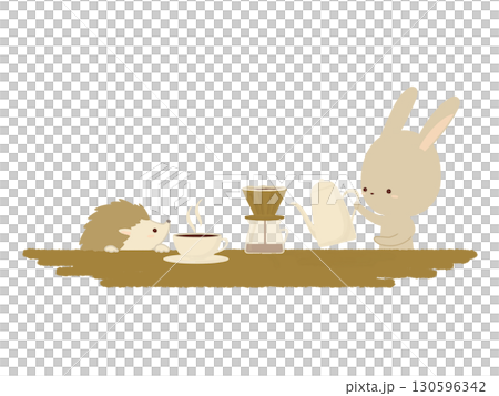 コーヒーの準備をするウサギとハリネズミのイラスト 130596342