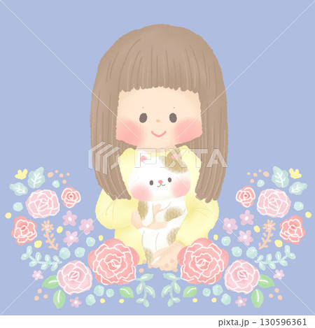 猫を抱く女の子_花背景 130596361