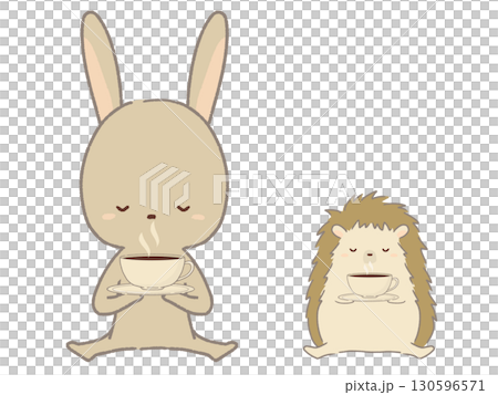 コーヒーを飲むウサギとハリネズミのイラスト 130596571