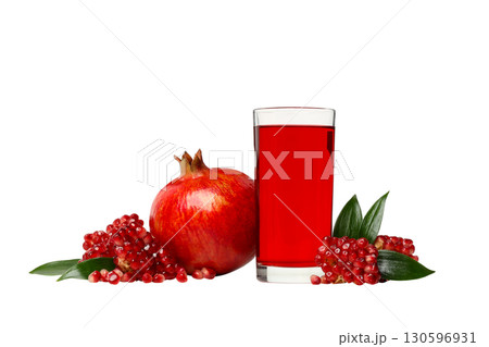 Juicy pomegranate fruit and vibrant glass of juice, isolated, PNG Juicy pomegranate fruit and vibrant glass of juice, isolated, PNG 130596931
