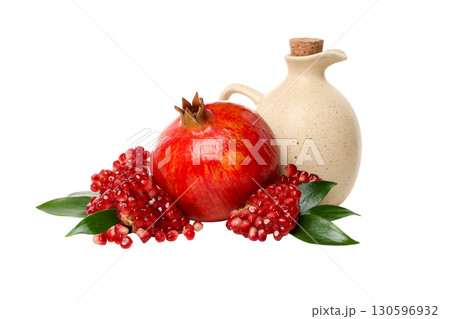 Fresh red pomegranate and olive oil, isolated, PNG 130596932