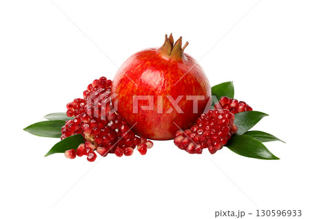 Vibrant pomegranate seeds and lush leaves, isolated, PNG Vibrant pomegranate seeds and lush leaves, isolated, PNG 130596933