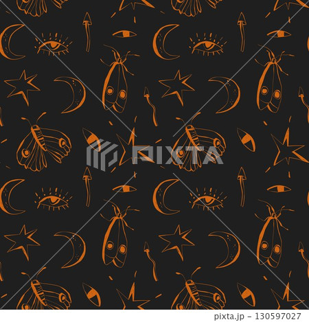 Halloween inspired seamless mystical pattern with moths stars moons and eyes on dark background magical design for fabric and wrapping 130597027