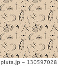 Seamless vintage mystical pattern with moths stars moons and eyes on beige background for fabric wrapping wallpaper and surface design 130597028