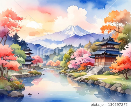 紅葉と富士山と寺院の風景　イラスト　背景 130597275