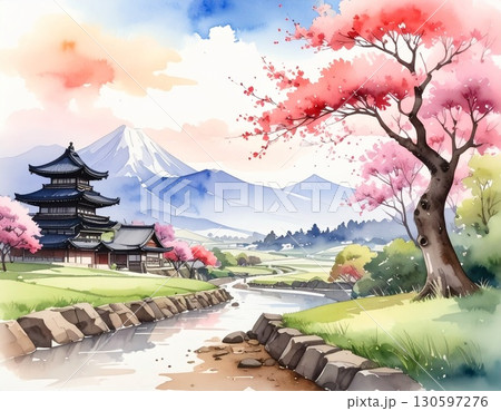 富士山と伝統的な寺院の風景 イラスト 富士山と伝統的な寺院の風景 イラスト 130597276
