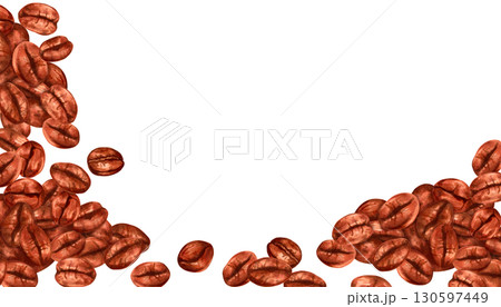 Horizontal frame of coffee beans. Aroma of robusta and arabica varieties. Watercolor, marker illustration. Blank template for cafes and restaurants. International coffee day. Hand drawn isolated art. 130597449