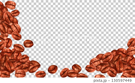 Horizontal frame of coffee beans. Aroma of robusta and arabica varieties. Watercolor, marker illustration. Blank template for cafes and restaurants. International coffee day. Hand drawn isolated art. 130597449