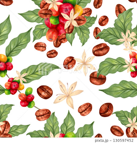 Seamless pattern of Arabica and Robusta coffee berries with grains, leaves and flowers. Watercolor illustration. Hand drawn isolated art. International Coffee Day. Background for fabric, textile. 130597452