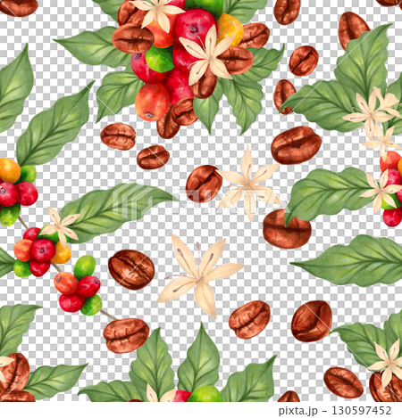 Seamless pattern of Arabica and Robusta coffee berries with grains, leaves and flowers. Watercolor illustration. Hand drawn isolated art. International Coffee Day. Background for fabric, textile. 130597452
