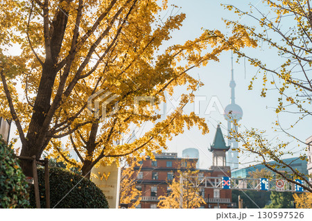 Cityscape view of Shanghai city in autumn season. Skyscraper of Lujiazui in Pudong. landmark and popular for tourism attractions. Travel and Vacation concept Cityscape view of Shanghai city in autumn season. Skyscraper of Lujiazui in Pudong. landmark and popular for tourism attractions. Travel and Vacation concept 130597526