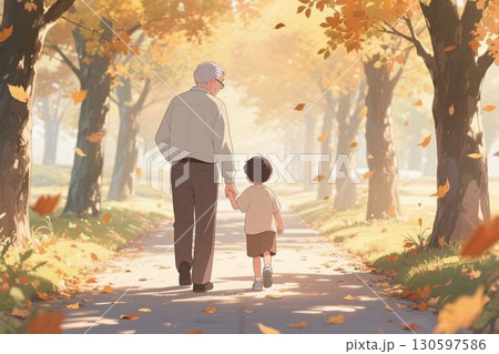 イラスト素材：秋の公園で手を繋いで歩く祖父と孫 130597586