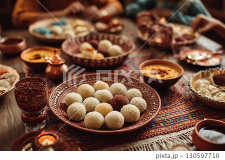 Festive table with traditional Indian sweets. Diwali celebration, family dinner. Festive table with traditional Indian sweets. Diwali celebration, family dinner. 130597710