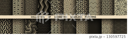Geometric set of seamless black and golden patterns. Simple vector graphics 130597725