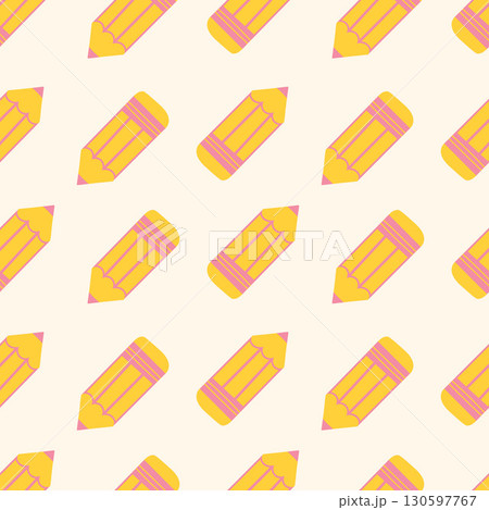Seamless pattern with yellow pencil and pink outline on beige background 130597767