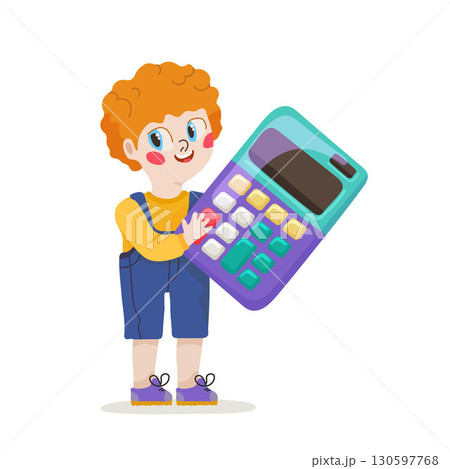 A cute red-haired boy in shorts holds a calculator in his hands and solves math examples. Back to School concept 130597768