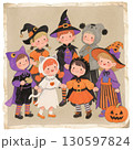 ハロウィンの子供仮装パーティー｜可愛い魔女と黒猫とおばけのイラスト 130597824