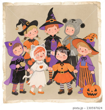 ハロウィンの子供仮装パーティー｜可愛い魔女と黒猫とおばけのイラスト 130597824