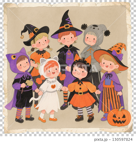 ハロウィンの子供仮装パーティー｜可愛い魔女と黒猫とおばけのイラスト 130597824