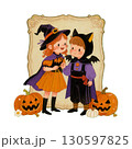 ハロウィン仮装の可愛い子供たちのイラスト｜魔女・こうもり・かぼちゃランタン 130597825